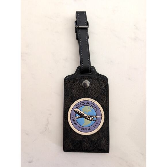 Coach Signature Jacquard Luggage Tag Airplane Globe Patch Leather Strap - Picture 1 of 6